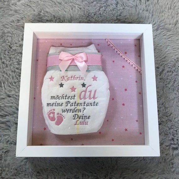 Embroidered diaper in 3D picture frame and 3D sticker Question to the godparents