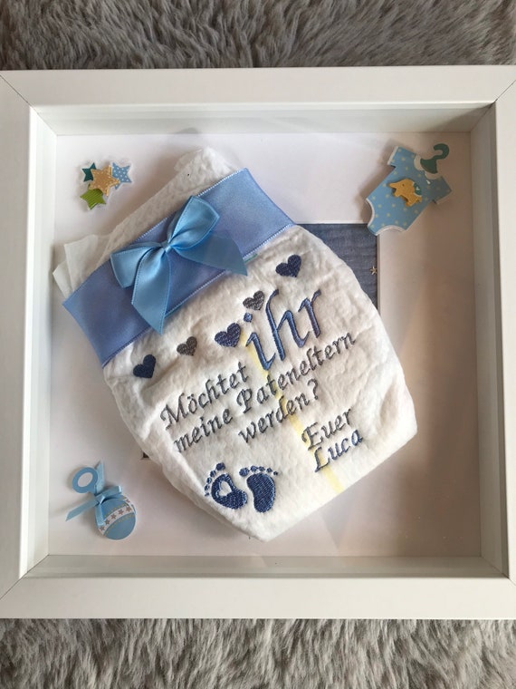 Embroidered diaper in 3D picture frame and 3D sticker Question to the godparents