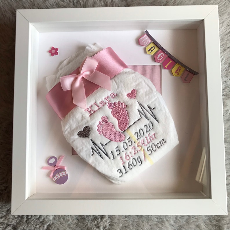 Embroidered diaper in 3D picture frame and 3D sticker Question to the godparents