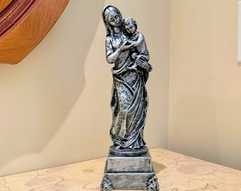 Madonna & Child Statue, Virgin Mary and Baby Jesus Statuette, 10" Tall, Handmade, Hand Brushed, Antique Silver Finish, Mothers day Gift