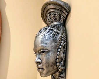 African Princess Wall Decor, African Woman Statue, African Queen, 10" Tall, Handmade, Hand Brushed, Antique Silver Finish, Gift for him/her