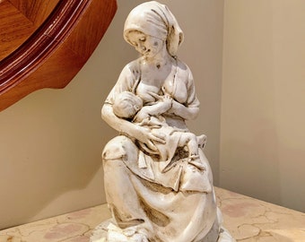 Nursing Mother Statue, Breastfeeding Woman Sculpture, Mother & Child, Italian Art, 10.25" Tall, Handmade, Hand Brushed, Antique White Finish