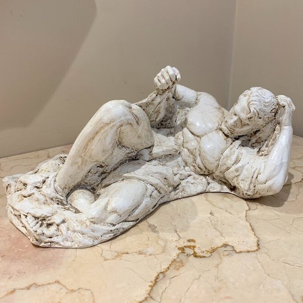 Al Risveglio "Upon Awakening" Nude Man Statue, Naked Male Sculpture, Penis Art, 4.25" tall, Italian, Handmade, Hand Brushed, Antique White
