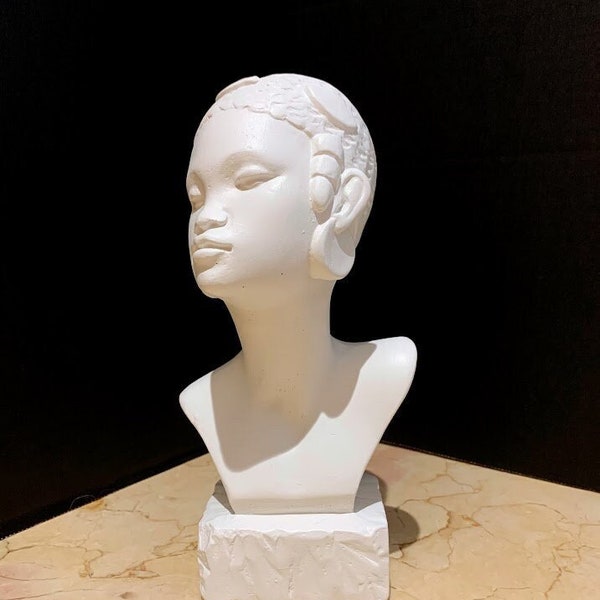 African Woman Statue, African Princess Bust, Nubian Queen Sculpture, 8.25" Tall, Handmade, Hand Brushed, White Matte Finish, Gift him & her