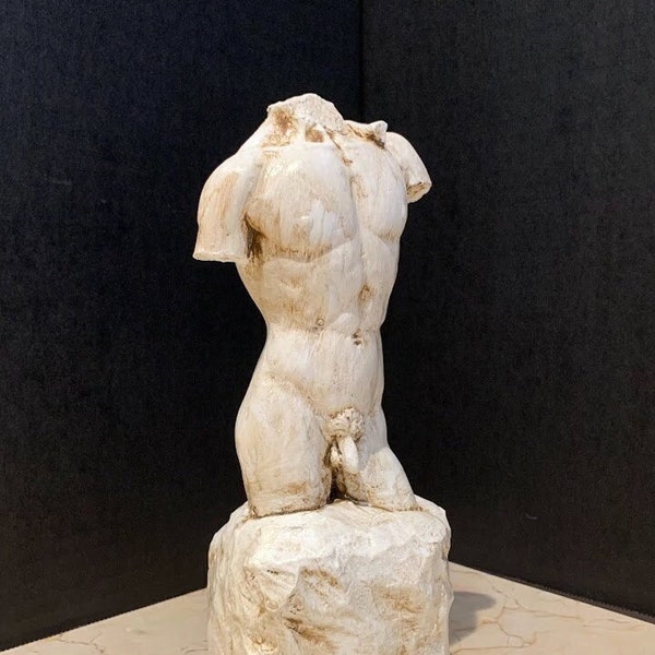 Nude Male Torso, Nude Man Torso Statue, 9.5" Tall, Naked Man Sculpture, Italian Statue, Penis Art, Handmade, Hand Brushed, Antique White