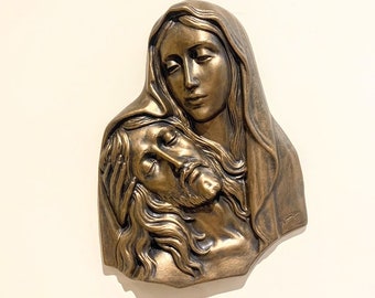 Pieta Wall Statue, Madonna & Christ Wall Décor, Plaque, 10.5", Jesus Mary, Handmade Hand Brushed, Bronze Finish, House/Home Blessing Gift