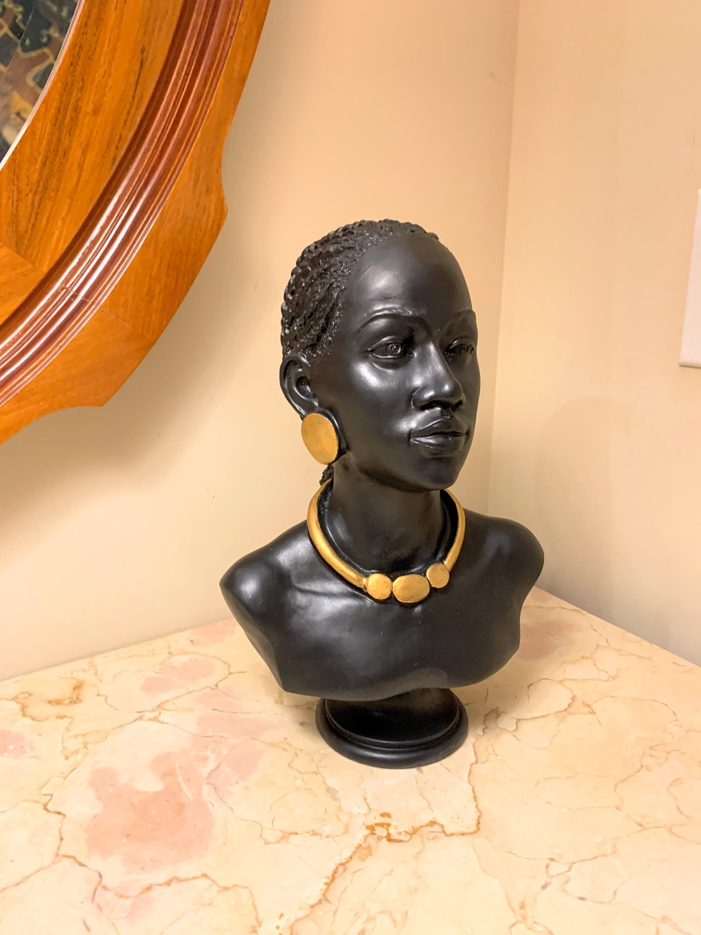 African Queen Bust Sculpture Elegant Ruler Statue on Wood Museum Mount