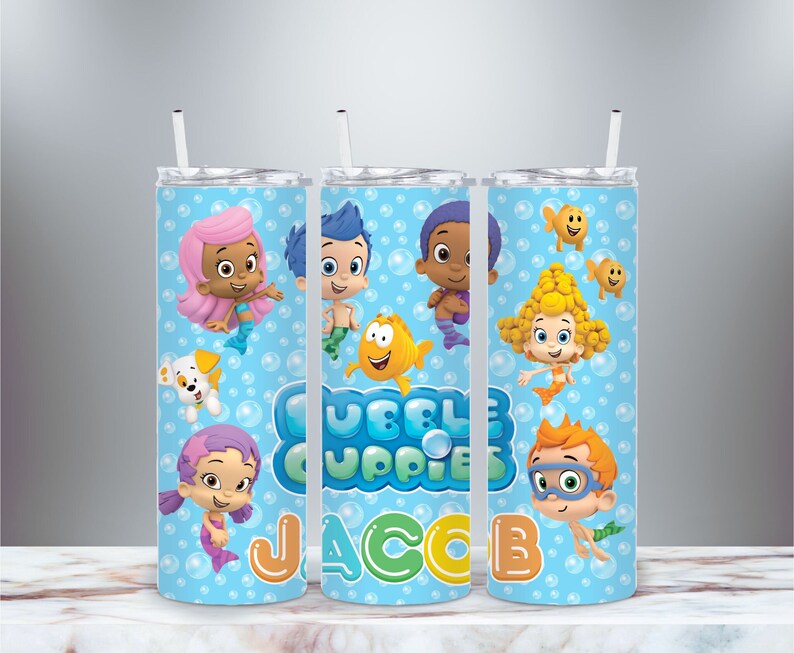 Custom Bubbles Kids Personalized 20 oz Skinny Tumbler Coffee Cup Reusable Water Bottle image 1