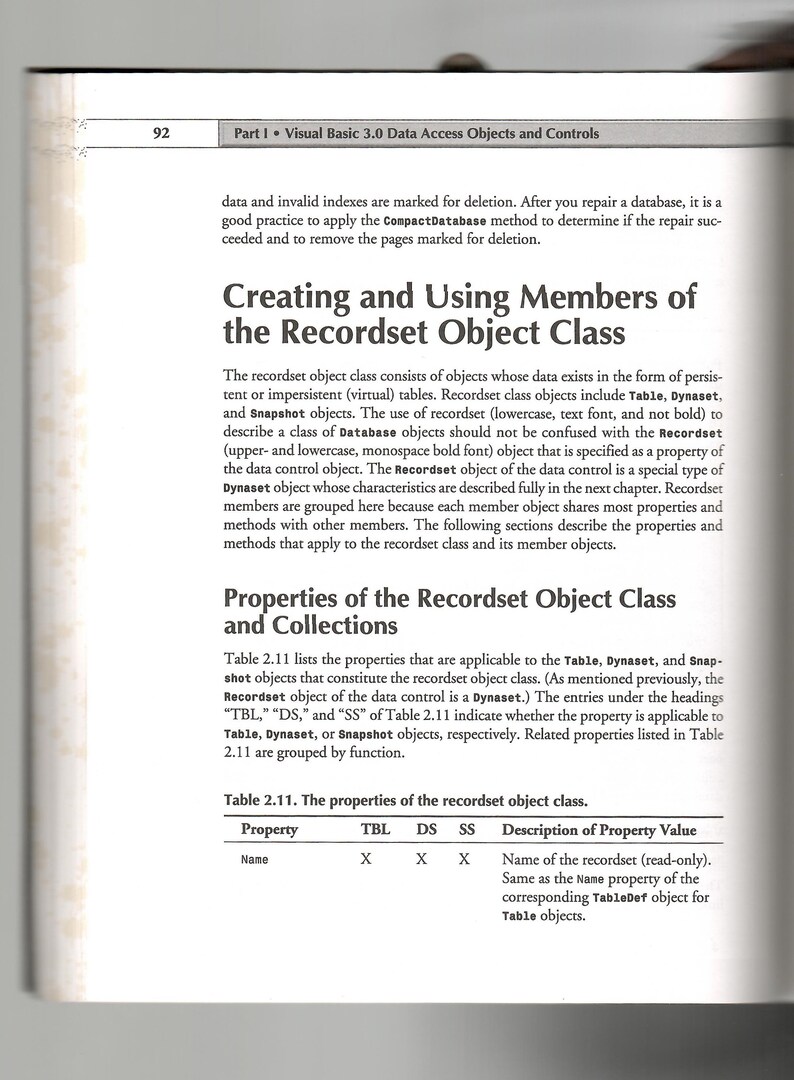 Op de afbeelding: Een tabel die de eigenschappen van de Recordset-objectklasse in Visual Basic 3.0 laat zien. De tabel geeft de eigenschappen weer die van toepassing zijn op de objecten Table, Dynaset en Snapshot. De tabel bevat de koppen "TBL", "DS" en "SS" om aan te geven of de eigenschap van toepassing is op de objecten Table, Dynaset of Snapshot.
