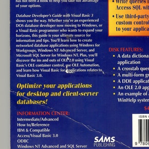 Op de afbeelding: Een blauwe boekomslag met de titel "Optimaliseer uw applicaties voor desktop- en client-server databases!" Het boek is een gids voor databaseontwikkelaars die Visual Basic 3.0 gebruiken. De boekomslag bevat ook een sectie met de titel "DISK FEATURES" met een lijst van functies, waaronder een data dictionary-applicatie, een crosstab-query, een multi-form generator, een DDE-applicatie, een OLE 2.0-applicatie en een voorbeeld van een WinHelp-systeem.