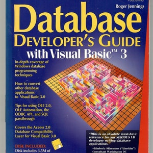 Op de afbeelding: Een blauwe boekomslag met de titel "Database Developer's Guide with Visual Basic 3" en een labyrintachtige afbeelding. De boekomslag bevat ook de tekst "SAMS Publishing" en "Roger Jennings".