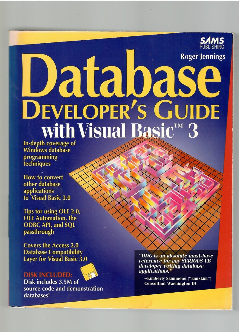 Op de afbeelding: Een blauwe boekomslag met de titel "Database Developer's Guide with Visual Basic 3" en een labyrintachtige afbeelding. De boekomslag bevat ook de tekst "SAMS Publishing" en "Roger Jennings".