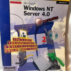 May include: A textbook titled Microsoft Windows NT Server 4.0 New Perspectives Series by Brierley. The cover features a blue structure, a magnifying glass over the word EXPLORE, a floppy disk, a CD, a computer mouse, and a green arrow.