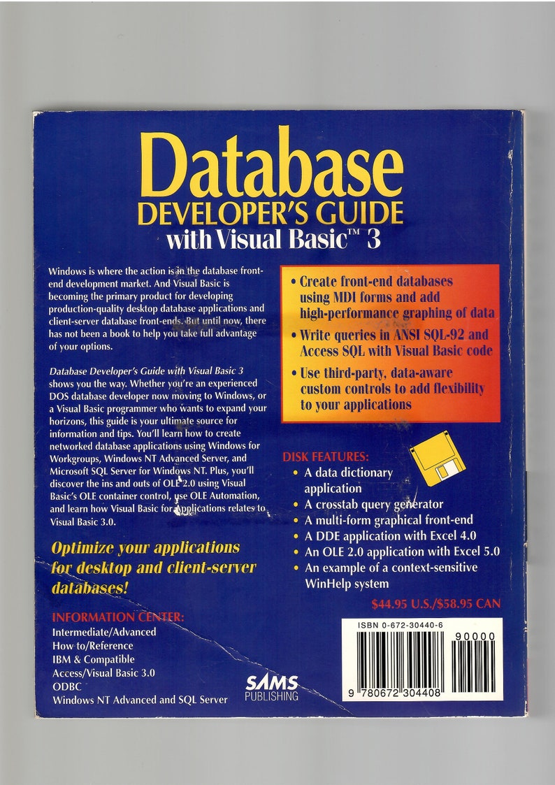 Op de afbeelding: Een blauwe boekomslag met de titel "Database Developer's Guide with Visual Basic 3". De boekomslag toont een diskettesymbool en tekst die de inhoud van het boek beschrijft, waaronder het maken van front-end databases, het schrijven van query's en het gebruik van data-aware aangepaste besturingselementen van derden. Het boek is uitgegeven door SAMS Publishing.