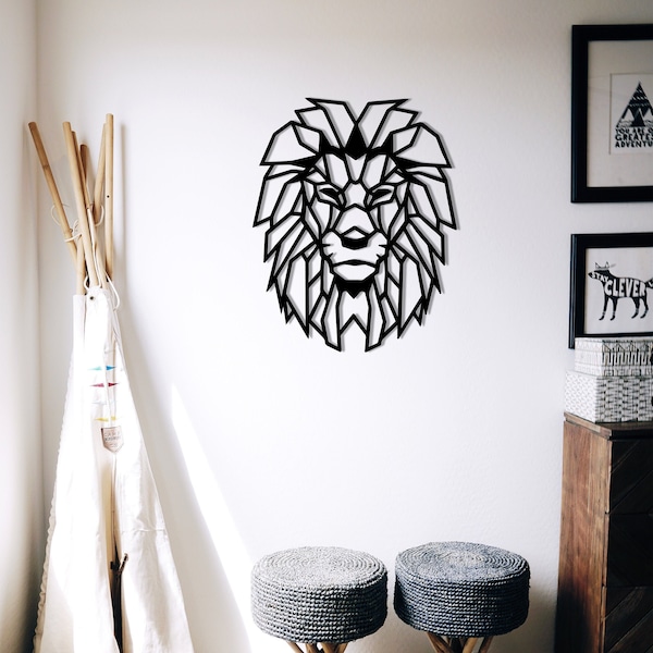 LARGE Wooden Geometric Animal Lion Wall Art Decoration for Bedrooms, Living Room, Nursery Minimalist Wall Art Decor (24" x 19" x 0.25")