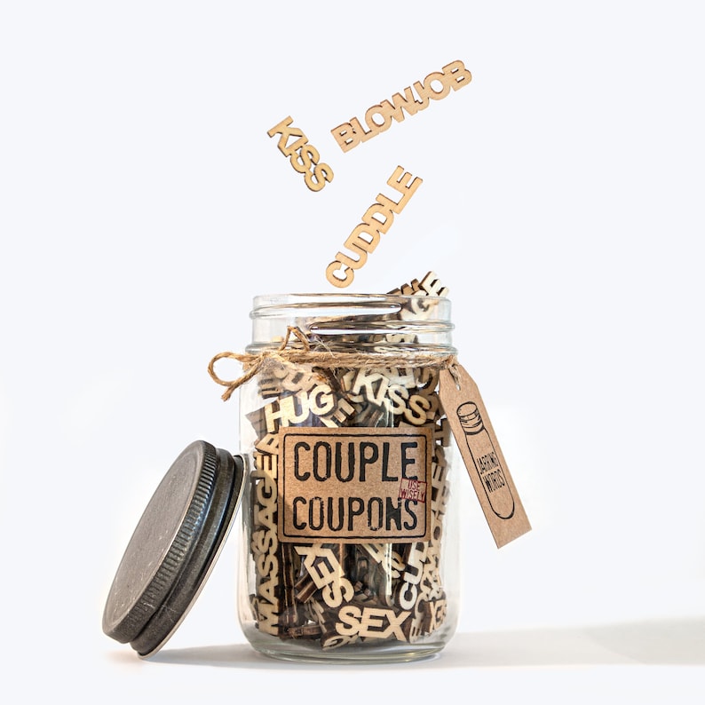 A 12oz glass mason jar with "Couple Couple" label (real kraft label, not plastic/PVC) with Random of 100+ wooden word cutouts made fresh in California