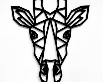 May include: Black and white geometric silhouette of a giraffe head. The giraffe's head is made up of triangles and lines, creating a modern and abstract design.