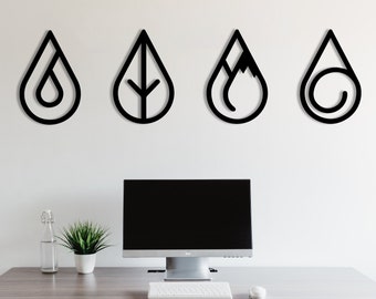 May include: Four black metal wall decor pieces in the shape of water drops, each with a different symbol inside: a water drop, a leaf, a flame, and a circle. The decor is displayed on a white wall above a desk with a computer monitor, keyboard, and mouse.