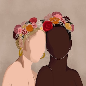 May include: Two women with different skin tones stand side by side, each wearing a floral crown. The woman on the left has blonde hair and is wearing gold hoop earrings. The woman on the right has dark hair and is wearing silver hoop earrings. Both women are looking off to the side.