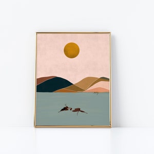 May include: A framed abstract landscape painting with a large yellow sun in a pink sky, brown, green, and orange mountains, and two figures swimming in a blue lake. The text "dusty" is written in the bottom right corner.