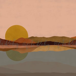 May include: Abstract digital art print featuring a sunset over a mountain range reflected in a body of water. The colors are muted and earthy, with shades of brown, orange, yellow, and blue.