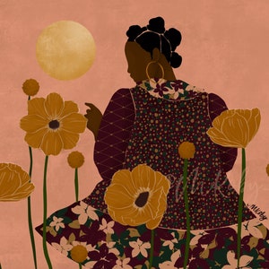 May include: A woman with dark skin and dark hair in a bun is wearing a burgundy dress with a floral pattern. She is standing in a field of yellow flowers with a large yellow circle in the background.