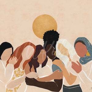 May include: A group of five women of different ethnicities and skin tones are embracing each other. They are all wearing different clothing styles, including a leopard print top, a red top, a white top, a blue top, and a blue headscarf. The women are standing in front of a light brown background with a large gold circle behind them.