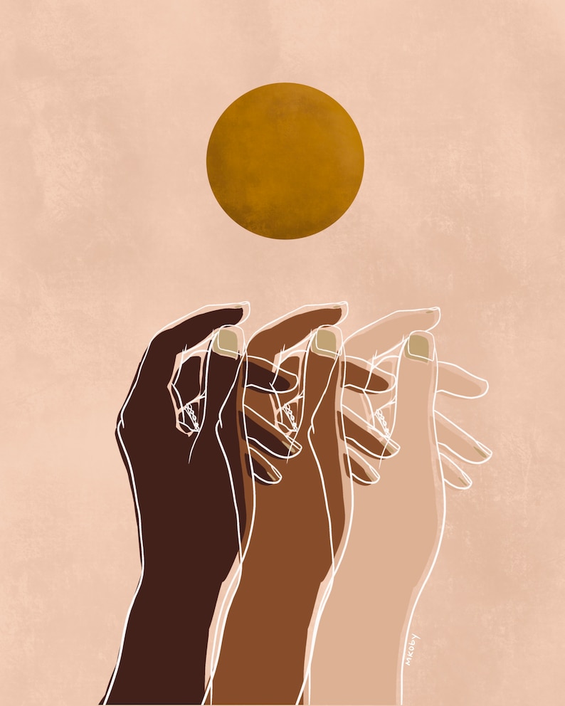 May include: Three hands reaching up towards a large, golden circle against a light pink background. The hands are outlined in white and are of different skin tones.