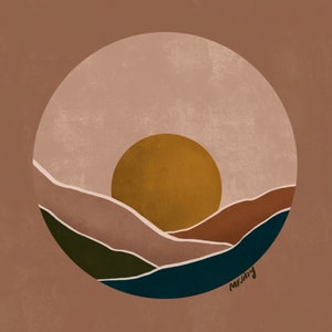 May include: Abstract art print featuring a circle with a stylized sunset over a landscape of hills and water. The colors are muted and earthy, with shades of brown, pink, green, and blue. The print is signed "MKoby" in the lower right corner.