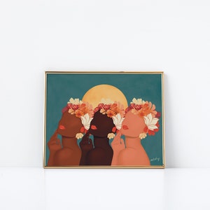 May include: Three women with different skin tones are depicted in a digital illustration. Each woman is wearing a floral crown with red, orange, and yellow flowers. The background is a teal blue with a yellow circle in the center. The text "meltdy" is in the bottom right corner.