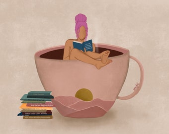 May include: A pink coffee mug with a person sitting inside reading a book. The mug has a brown interior and a mountain scene with a yellow sun on the bottom. A stack of books with titles like "Anti-Racism Requires Action" and "Black Trans Lives Matter" are stacked below the mug.
