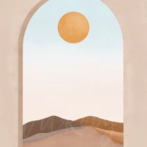 May include: A digital illustration of a desert landscape viewed through an arched window. The sky is light blue with a large, orange sun. The desert is made up of brown and beige hills.