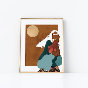 May include: A digital illustration of a woman with white hair holding a bouquet of red flowers. She is wearing a teal blue shirt and a floral skirt. The background is a brown color with a gold circle.