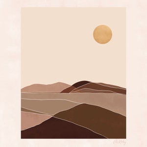 May include: Abstract art print featuring a minimalist landscape with brown and beige mountains and a gold sun in the sky. The print has a white signature in the bottom right corner that reads "Mikleby".