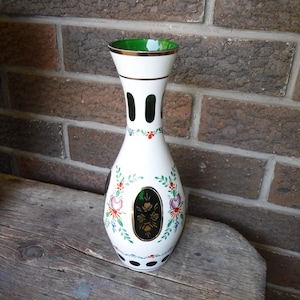 Vintage Czech Bohemia White Cased Green Glass Vase With Hand Painted Floral Design