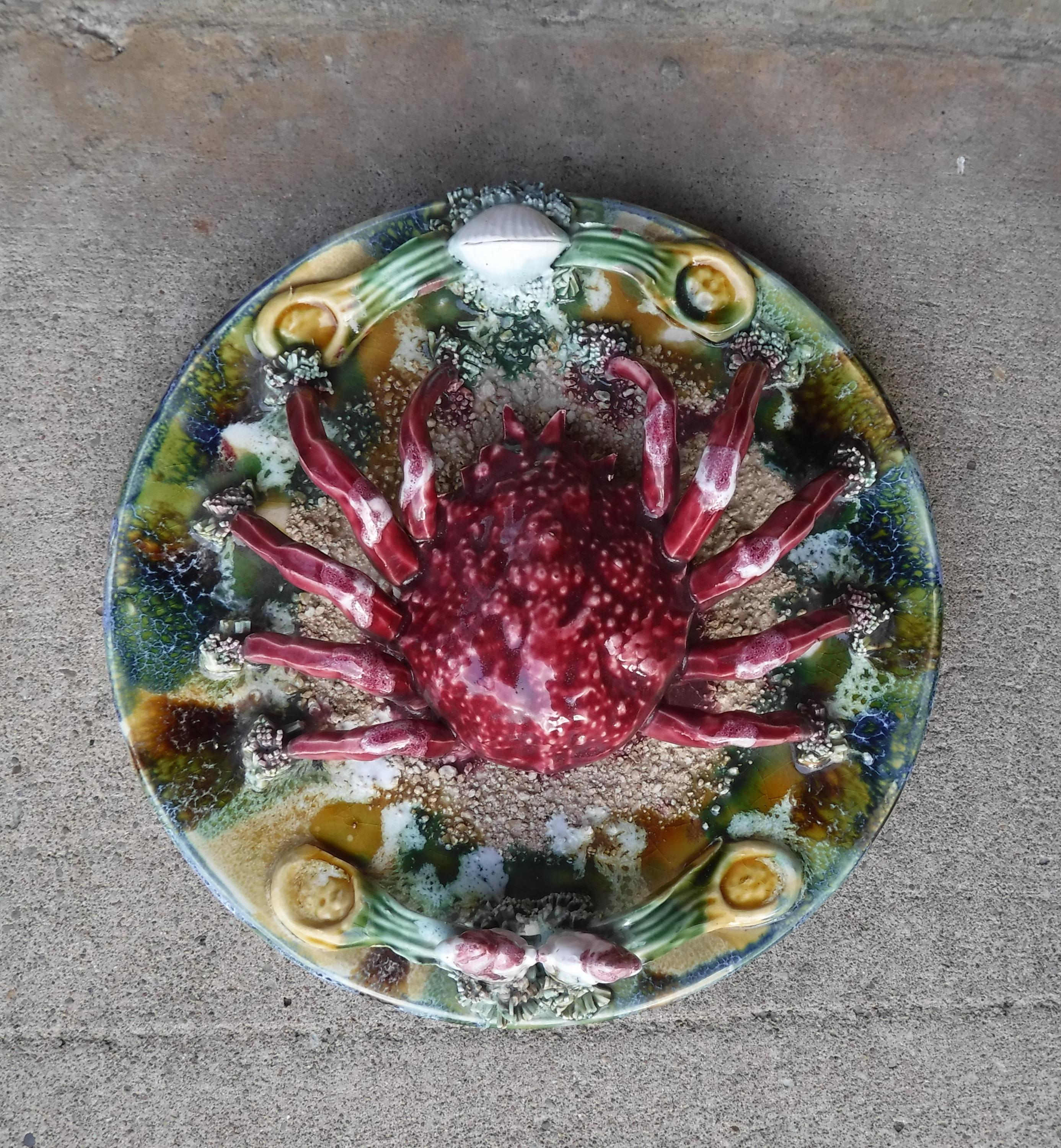 Vintage Majolica Palissy Portuguese  Spider Crab Wall Plate/ Plaque