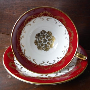 Aynsley Bone China Red / White Medallion Cup and Saucer