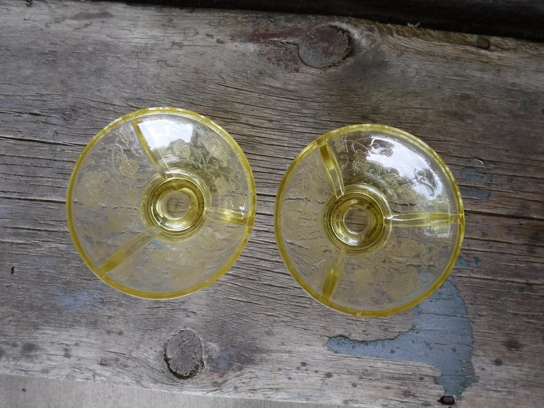 Vintage Hazel Atlas Yellow Depression Glass Candle Holders Florentine