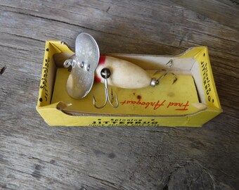 Leurre de pêche ancien en bois Fred Arbogast Jitterbug avec
