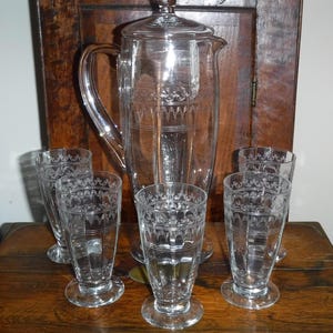 Vintage Depression Glass Elegant Glass Pitcher With Matching glasses Set