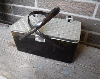 Vintage mármol lucite bolso mediados de siglo cesta estilo bolso de mano / bolso tapa transparente