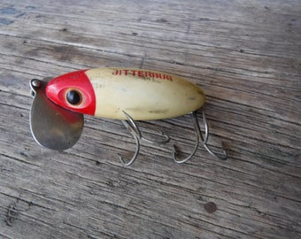 Vintage Fred Arbogast Jitterbug Wood Fishing Lure Glass Eyes Red Head 