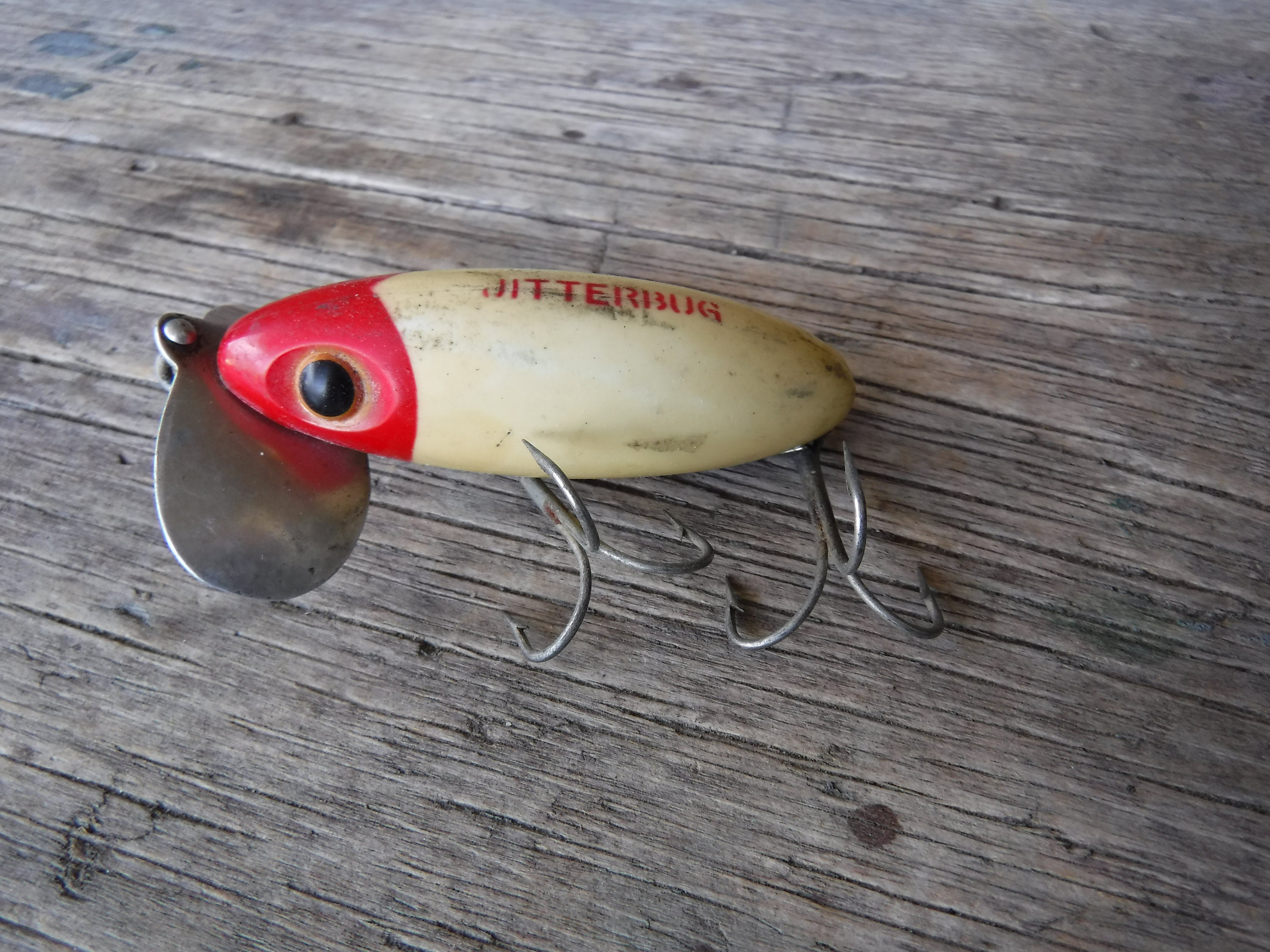 Vintage Fred Arbogast Jitterbug Wood Fishing Lure Glass Eyes Red Head