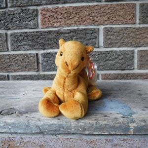 Peut inclure: Un ourson en peluche brun en forme de chameau avec une étiquette Ty rouge et blanche. L'ourson en peluche est assis sur une surface en bois.