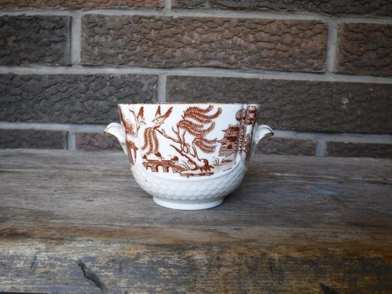 Vintage Brown Chinese Willow Pattern Sugar Bowl