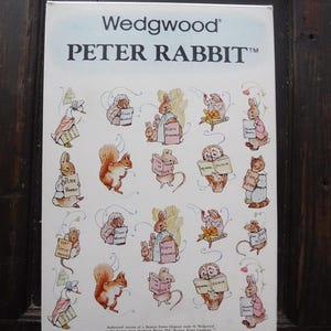 Puede incluir: Caja de la colección Wedgwood Peter Rabbit. Fondo blanco con ilustraciones de Peter Rabbit y otros personajes. La parte superior de la caja tiene los logotipos de Wedgwood y Peter Rabbit en negro.