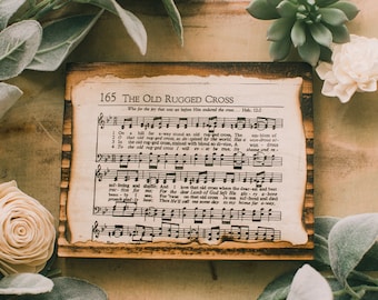 The Old Rugged Cross Sign, Wall Decor, Christian Signs, Hymn, Sheet Music, Burnt, Wood Signs, Wood Decor