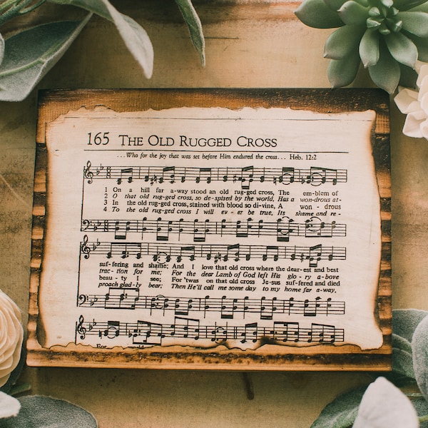 The Old Rugged Cross Sign, Wall Decor, Christian Signs, Hymn, Sheet Music, Burnt, Wood Signs, Wood Decor