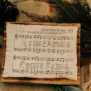 Jesus Paid It All Sign, Wall Decor, Christian Signs, Hymn, Sheet Music, Burnt , Wood Signs, Wood Decor