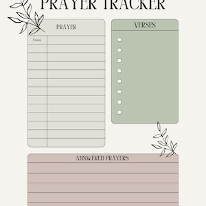 Könnte beinhalten: Ein beigefarbener Gebetstracker mit der Aufschrift "PRAYER TRACKER" oben. Er enthält Abschnitte für Gebete, Verse und beantwortete Gebete, mit dem Text "PRAY WITHOUT CEASING. - 1 THESSALONIANS 5:17" unten. Dekorative florale Elemente sind vorhanden.
